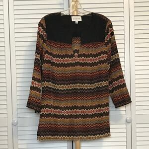 Sabine Chevron V-Neck Long Sleeves Silky Soft Blouse L
